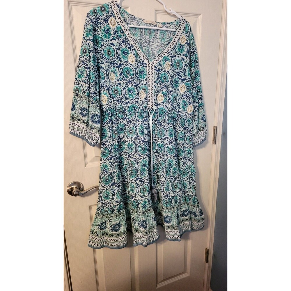 Soft Surroundings Nerissa Block Print Tiered Boho Dress - Teal/Blue - Size L